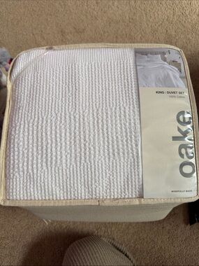 Oake White King Duvet Cover Set - Textured 100% Cotton